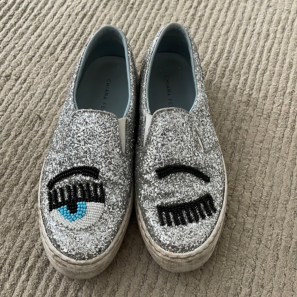 Chiara Ferragni silver glitter slide on sneakers